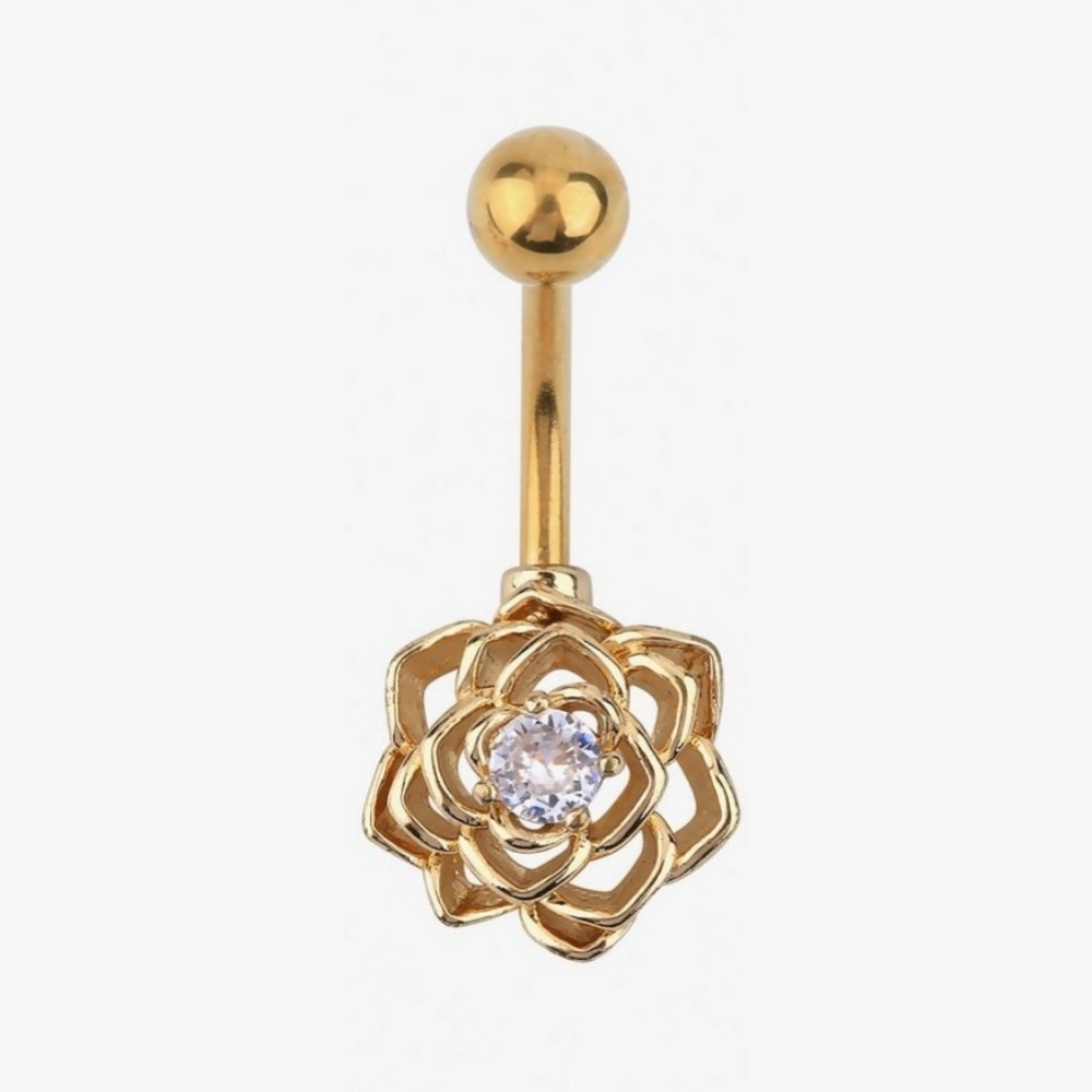 Morbid Metals Hot Topic 14G Steel Gold Rose CZ Navel Piercing Curved Barbell